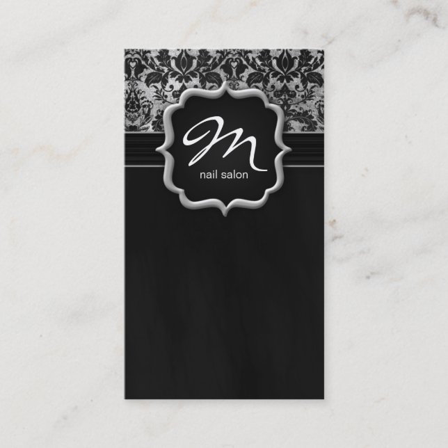 Makeup Artist Business Card Damask Silver Black (Front)