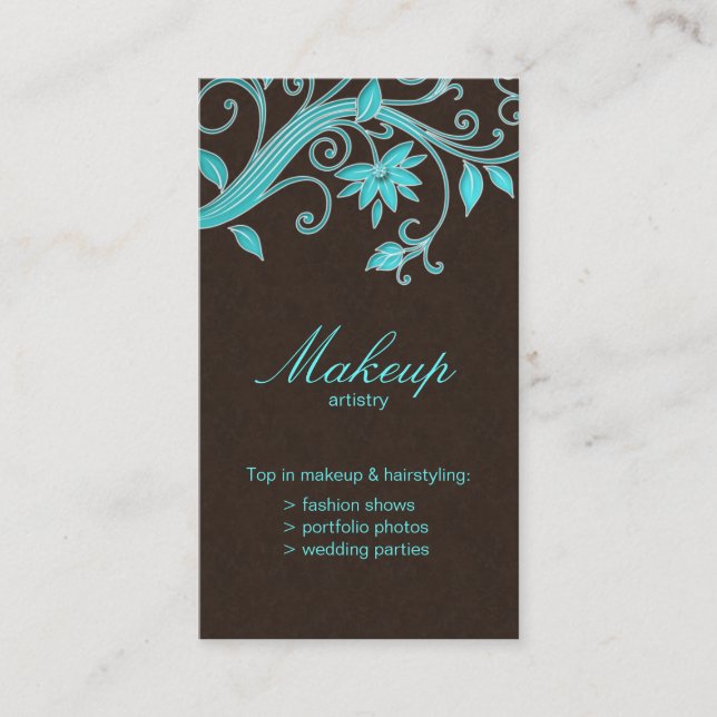 Makeup Artist Business Card Flower Blue Brown (Front)