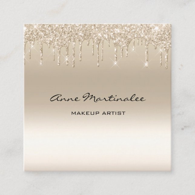 Makeup Artist Champagne Glitter Glam Drips Square Business Card (Front)
