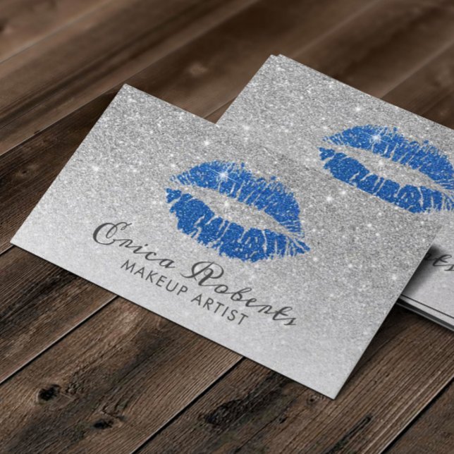 Makeup Artist Chic Blue Lips Modern Silver Glitter Business Card (Creator Uploaded)