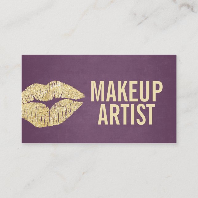 Makeup Artist Chic Gold Lips Elegant Purple Business Card (Front)