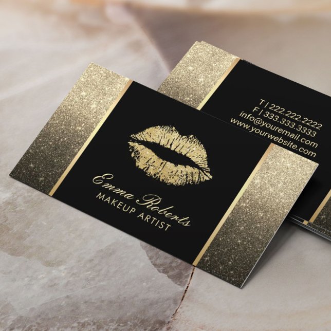 Makeup Artist Chic Lips Modern Black & Gold Ombre Business Card (Creator Uploaded)