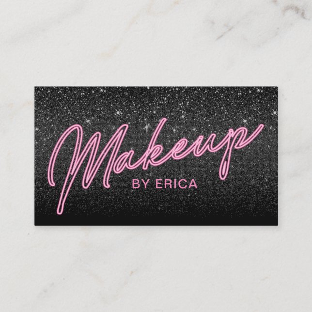 Makeup Artist Chic Neon Typography Black Glitter Business Card (Front)