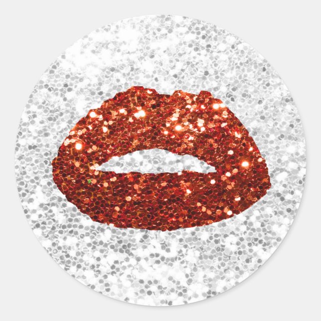 Makeup Artist Chic Red Lips Modern Silver Sequins Classic Round Sticker (Front)