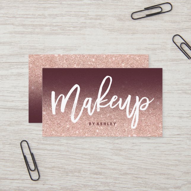 Makeup artist chic typography burgundy rose gold business card (Front/Back In Situ)