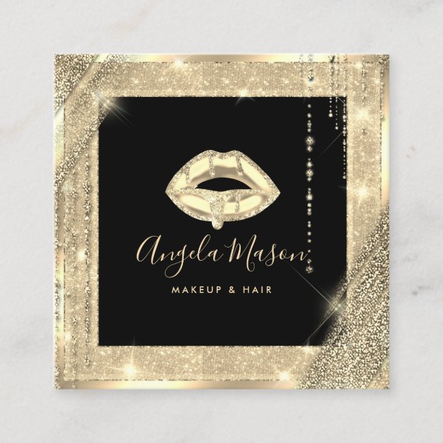 Makeup Artist Chic Unique Salon QR Code Black Gold Square Business Card (Front)
