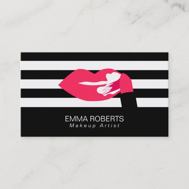 Makeup Artist Classy Modern Stripes Red Lips Business Card (Front)