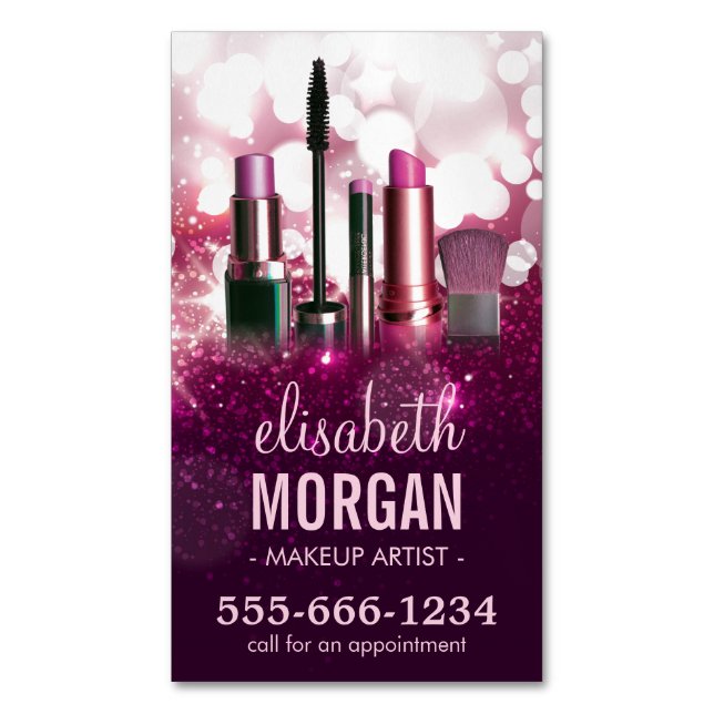 Makeup Artist Cosmetician - Pink Beauty Glitter Magnetic Business Card (Front Vertical)