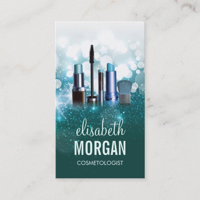 Makeup Artist Cosmetician - Teal Turquoise Glitter Business Card (Front)