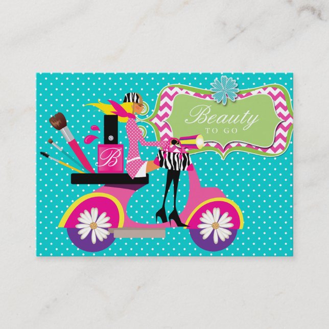 Makeup Artist Cosmetologist Scooter Girl Dots 2 Business Card (Front)