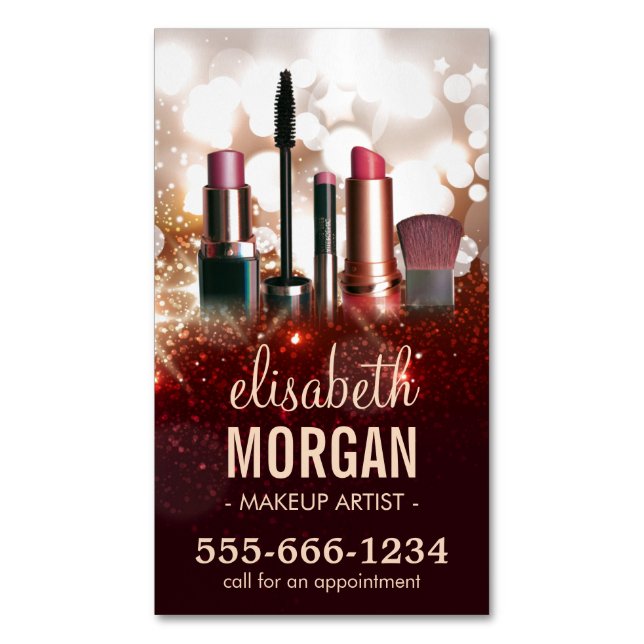 Makeup Artist Cosmetologist Shiny Glitter Sparkle Magnetic Business Card (Front Vertical)