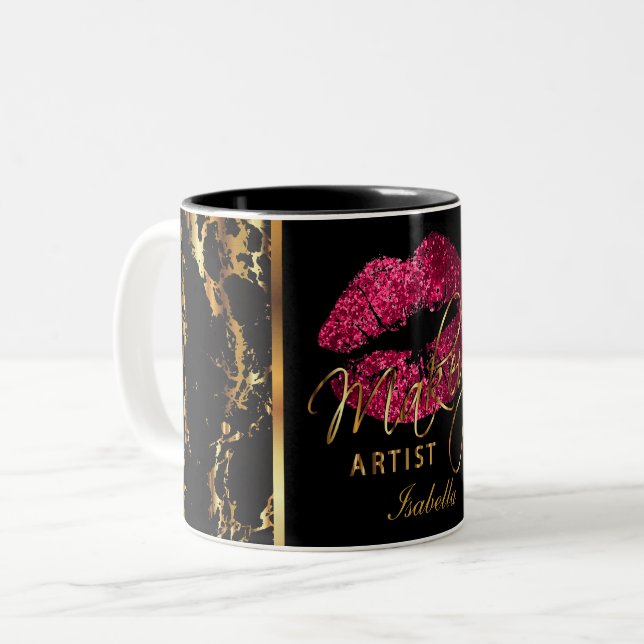 Makeup Artist Dark Pink Glitter Lips & Gold Marble Two-Tone Coffee Mug (Front Left)