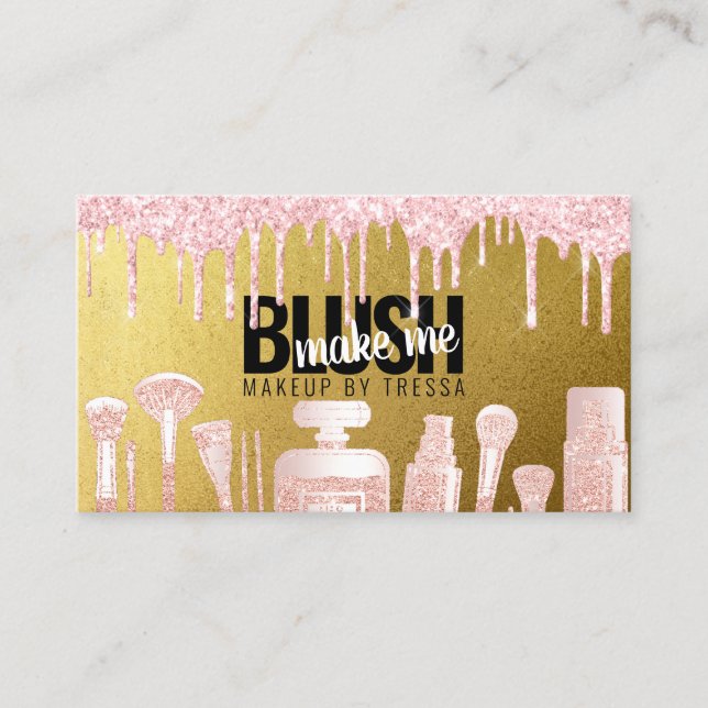 Makeup Artist Dripping Pink Glitter + Antique Gold Business Card (Front)