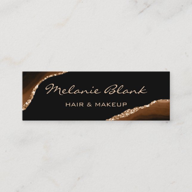 Makeup Artist Elegant Agate Black and Gold Marble Mini Business Card (Front)