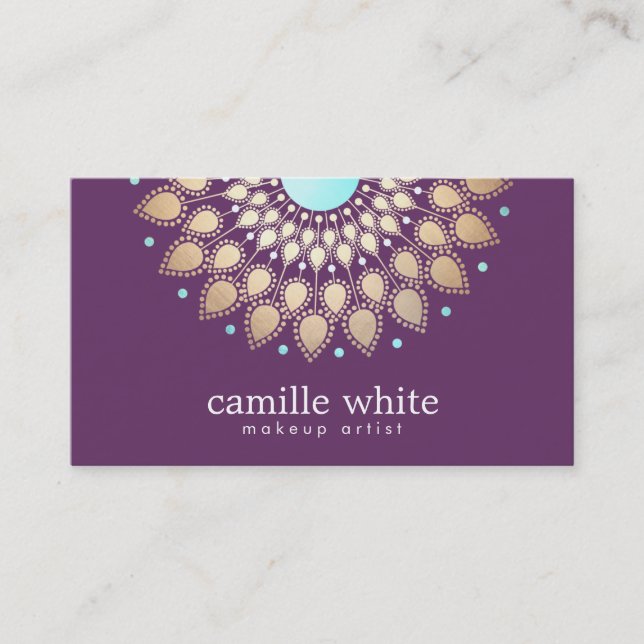 Makeup Artist  Elegant Gold Ornate Motif Purple Business Card (Front)