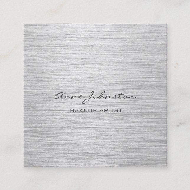 Makeup Artist Elegant Silver Brushed Metal Square Business Card (Front)