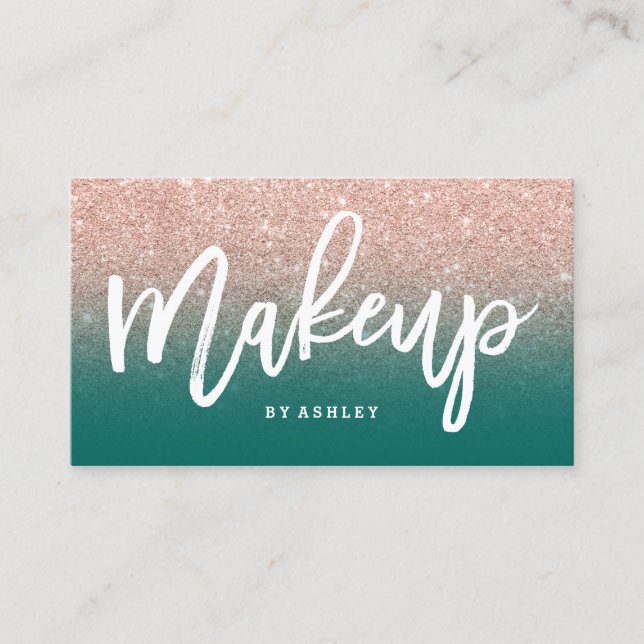 Makeup artist elegant typography green rose gold business card (Front)