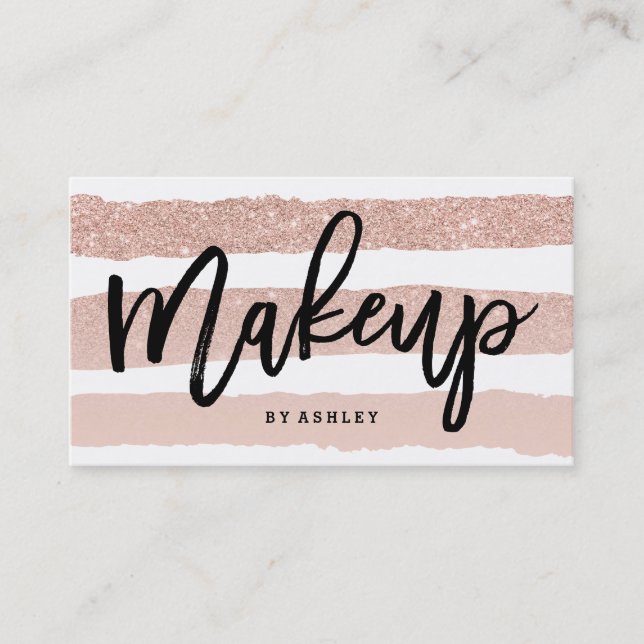 Makeup artist elegant typography rose gold stripes business card (Front)