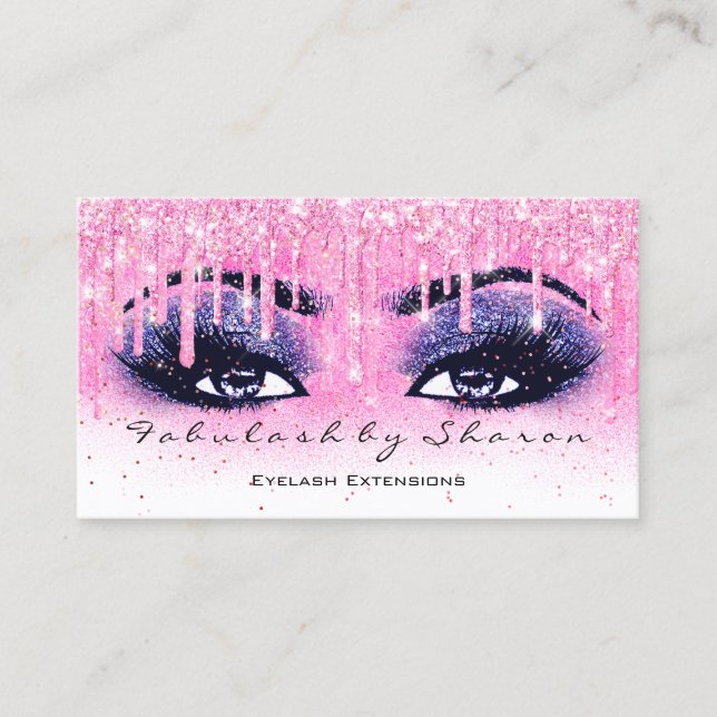 Makeup Artist Eyebrow Lash Glitter Drip Navy Pink Business Card (Front)