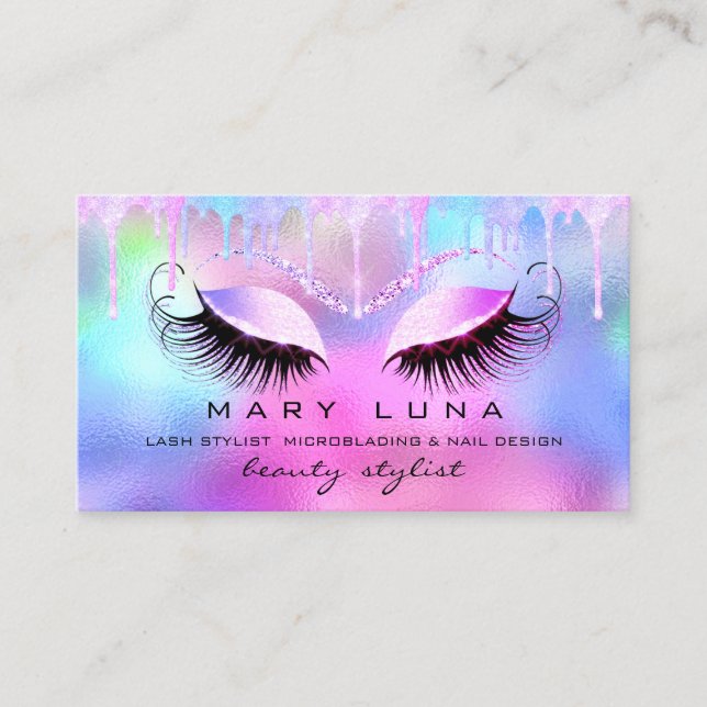 Makeup Artist Eyebrow Lash Holograph Drips Unicorn Business Card (Front)