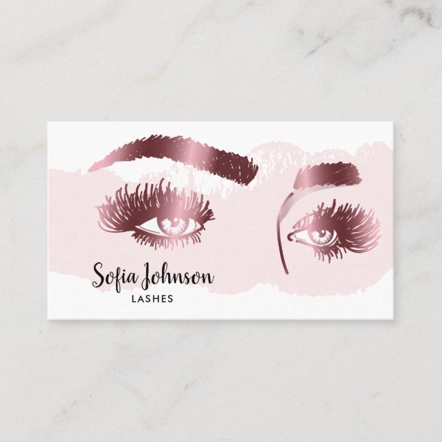 Makeup artist Eyebrows Lashes Rose Gold Eyes Business Card (Front)