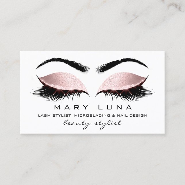 Makeup Artist Eyebrows Lashes White Rose Gold Business Card (Front)