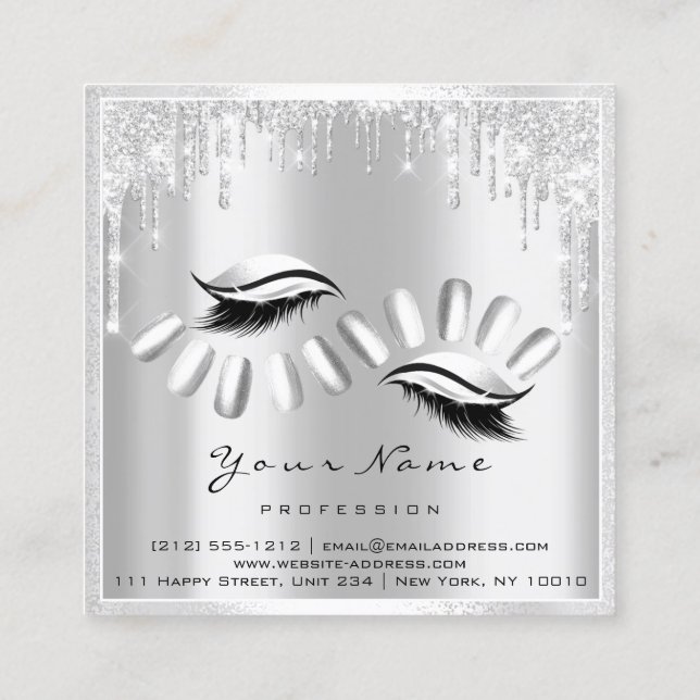 Makeup Artist Eyelash Extension Grey Drips Nails Square Business Card (Back)