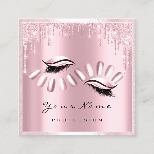 Makeup Artist Eyelash Extension Pink Drips Nails Square Business Card (Front)