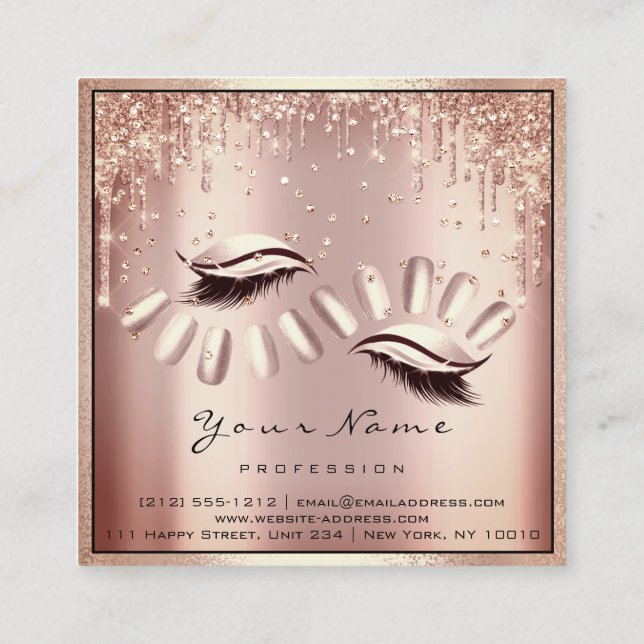 Makeup Artist Eyelash Extension Rose Drips Nails Square Business Card (Back)