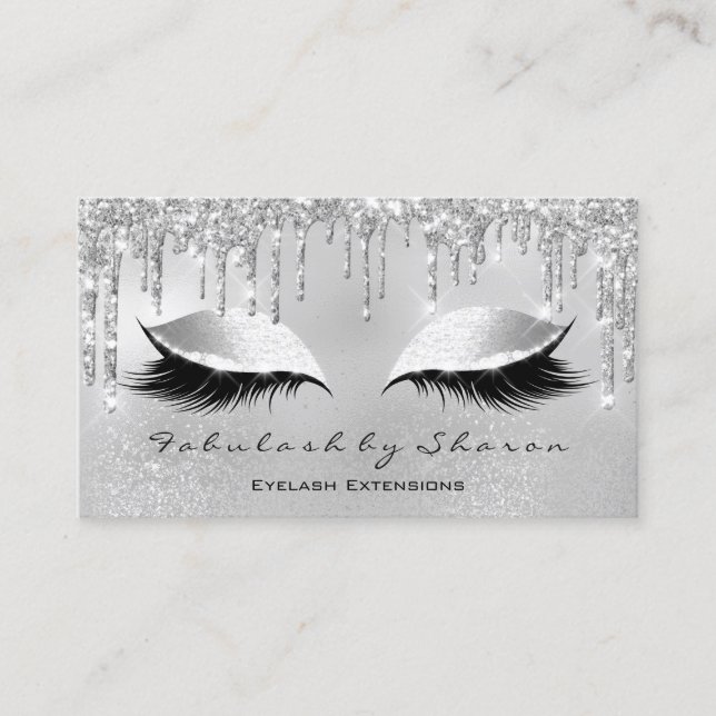 Makeup Artist Eyelash Glitter Drips Silver Grey Business Card (Front)