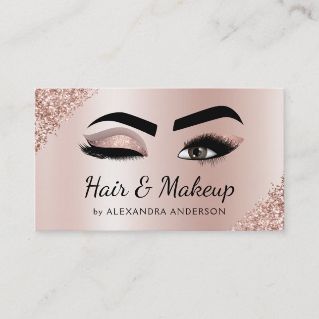 Makeup Artist Eyelash Lashes Glitter Rose Gold Business Card (Front)