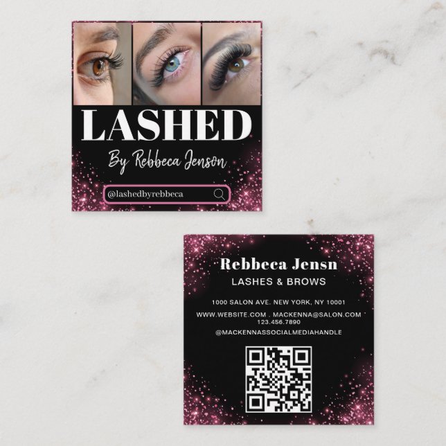 Makeup Artist Eyelash Lashes Pink Glitter script  Square Business Card (Front/Back)