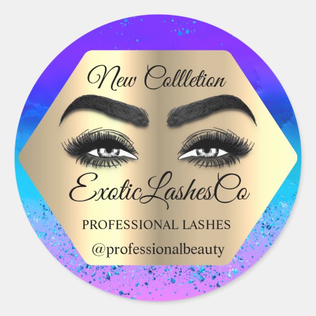 Makeup Artist Eyelash Logo Glitter Blue Aqua Classic Round Sticker (Front)