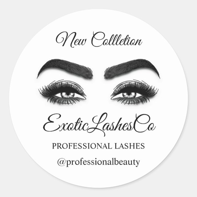 Makeup Artist Eyelash Logo World Map Black White Classic Round Sticker (Front)