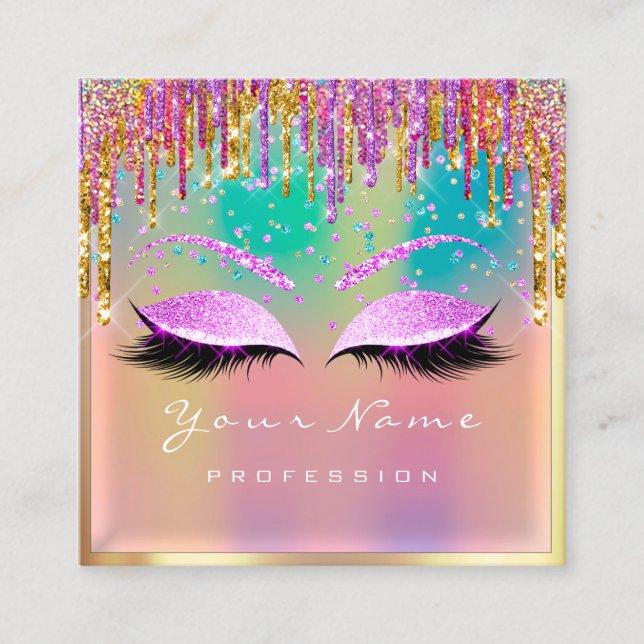 Makeup Artist Eyelash Pink Spark Glitter Holograph Square Business Card (Front)