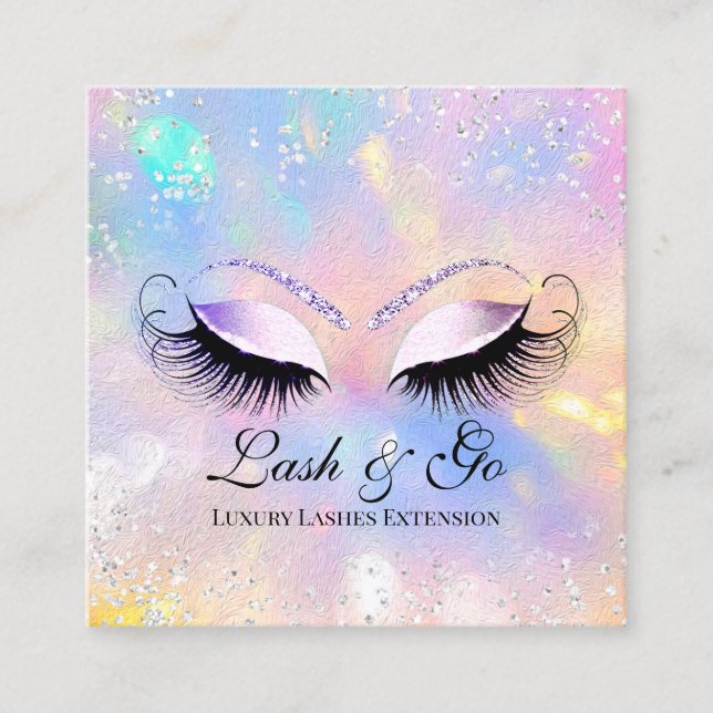 Makeup Artist Eyelashes Brows Holograph Silver Square Business Card (Front)