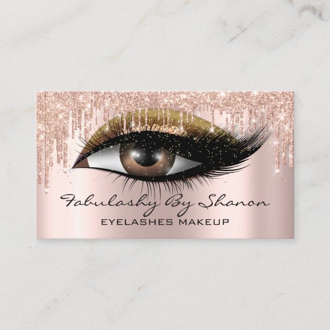 Makeup Artist Eyelashes Glitter Drips Rose Gold Business Card (Front)
