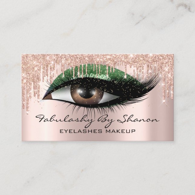 Makeup Artist Eyelashes Glitter Drips Rose Green Business Card (Front)