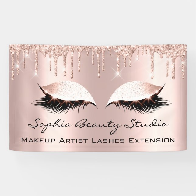 Makeup Artist Eyelashes Rose Drips Pink Glitter Banner (Horizontal)