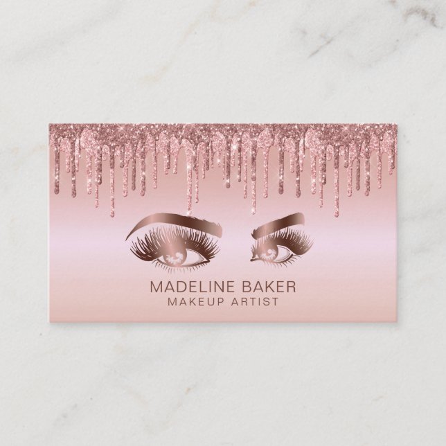 Makeup Artist  Eyes Lashes Dripping Rose Gold Business Card (Front)