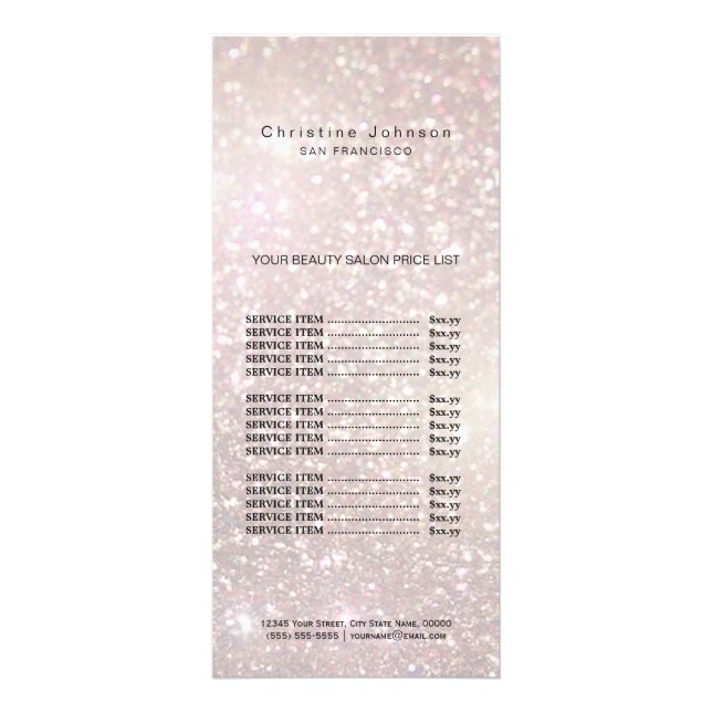 makeup artist faux champagne glitter price list rack card (Front)