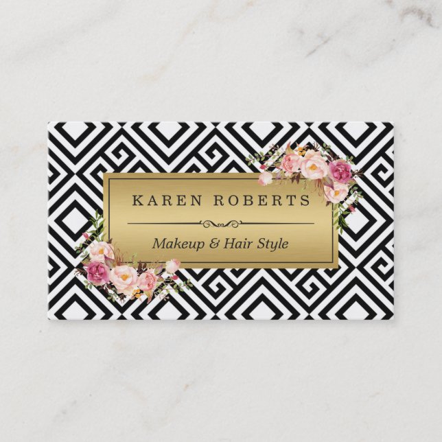 Makeup Artist Floral Gold Abstract Geometric Business Card (Front)