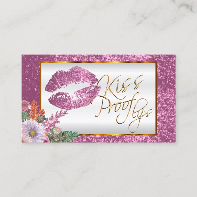 Makeup Artist- Floral Pink Glitter Kiss Proof Lips Business Card (Front)