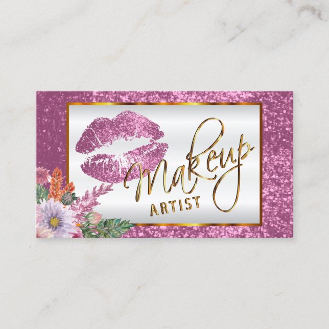 Makeup Artist - Floral Pink Glitter Lip Design Business Card (Front)