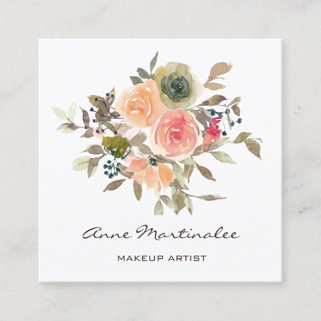 Makeup Artist Floral Watercolor Boho Square Business Card (Front)