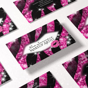 Makeup Artist Glam Pink Glitter Lips Zebra Print Business Card