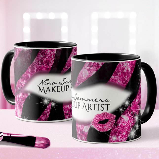 Makeup Artist Glam Pink Glitter Lips Zebra Print Mug (Creator Uploaded)