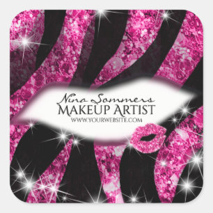 Makeup Artist Glam Pink Glitter Lips Zebra Print Square Sticker