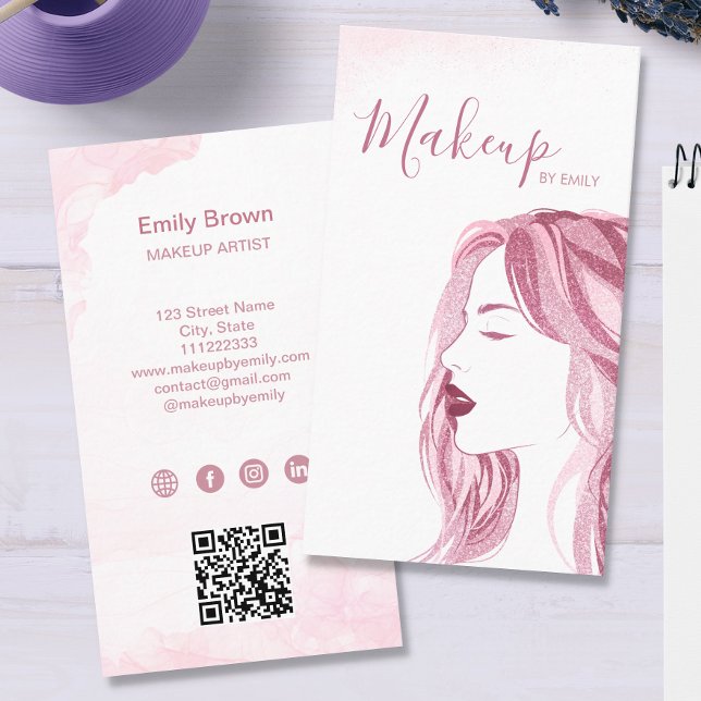 Makeup Artist Glitter Blush Pink Beauty QR Code Business Card (Creator Uploaded)