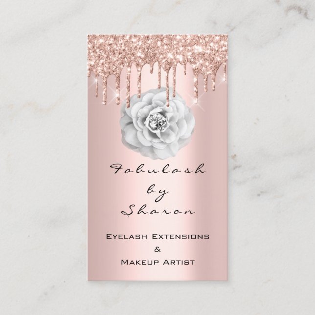 Makeup Artist Glitter Drips Rose Diamond White Business Card (Front)